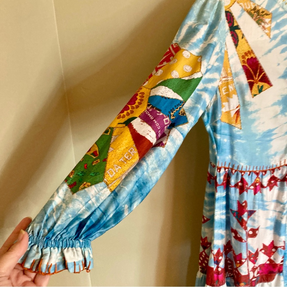 RARE FARM Rio Tie Dye Rainbow Patchwork Maxi Dress Batik Print Blue Size S or M - Picture 10 of 16